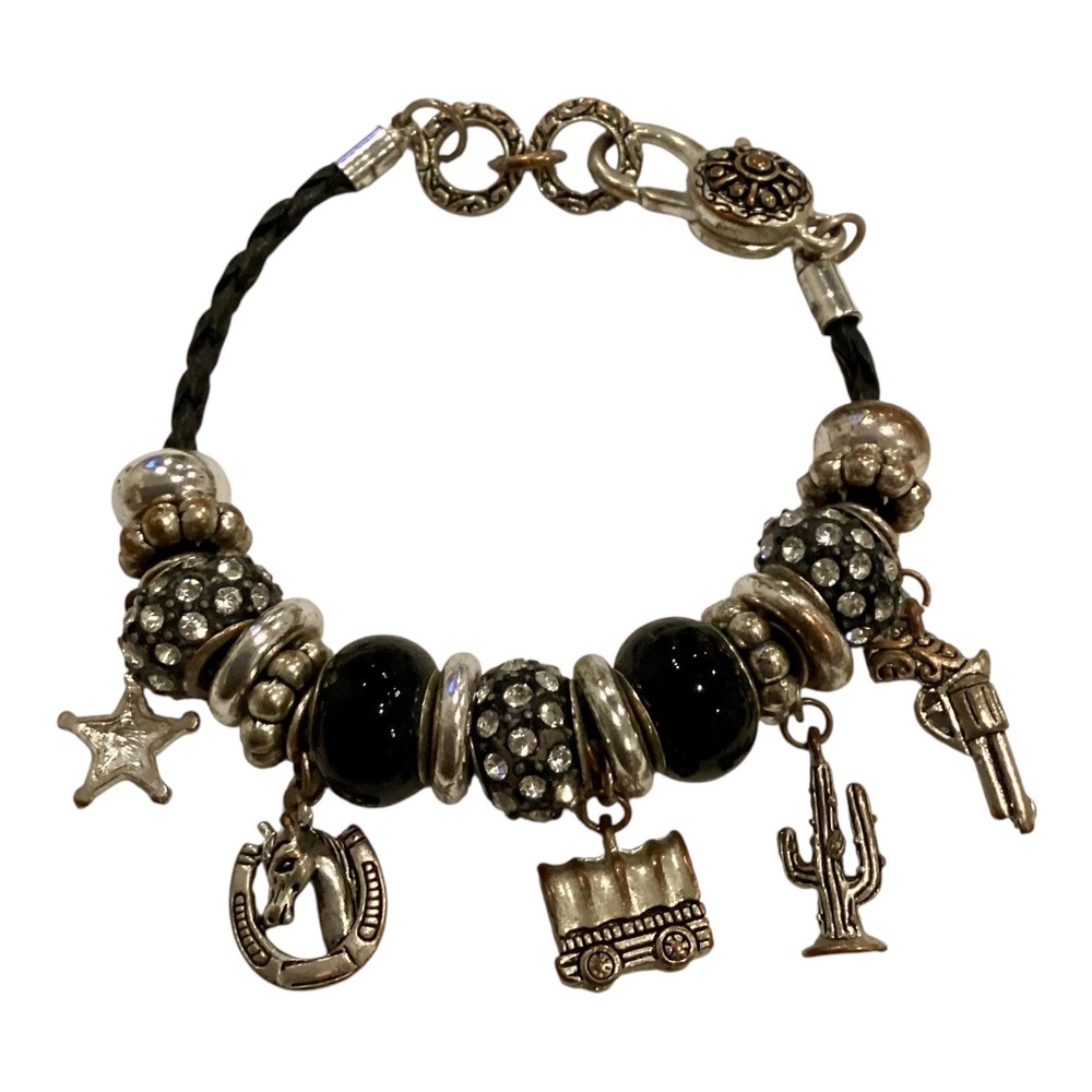 Western Charm Bracelet Braided Cord Silver Tone Horse Cactus Pistol Star Black